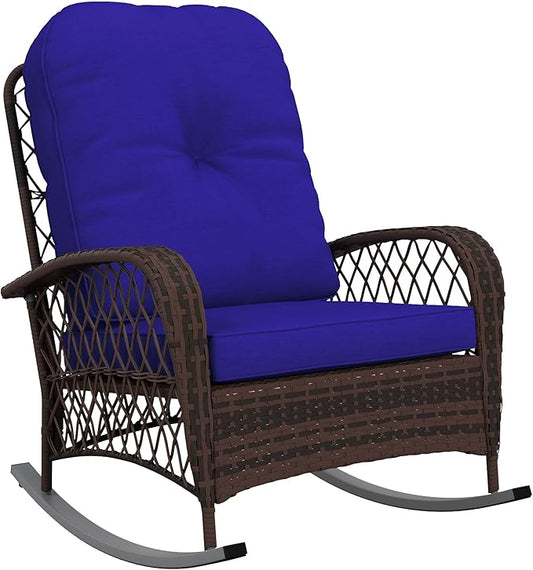 Outsunny Outdoor Wicker Rocking Chair with Wide Seat, Thickened Cushion, Rattan Rocker with Steel Frame for Patio, Garden, Backyard, Dark Blue