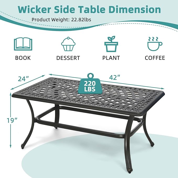 MEETWARM Outdoor Coffee Table, All-Weather Cast Aluminum 42" Rectangle Patio Coffee Table, 220 LBS Heavy Duty Patio Side Table for Balcony Poolside Deck Garden & Indoor Use, Dark Bronze