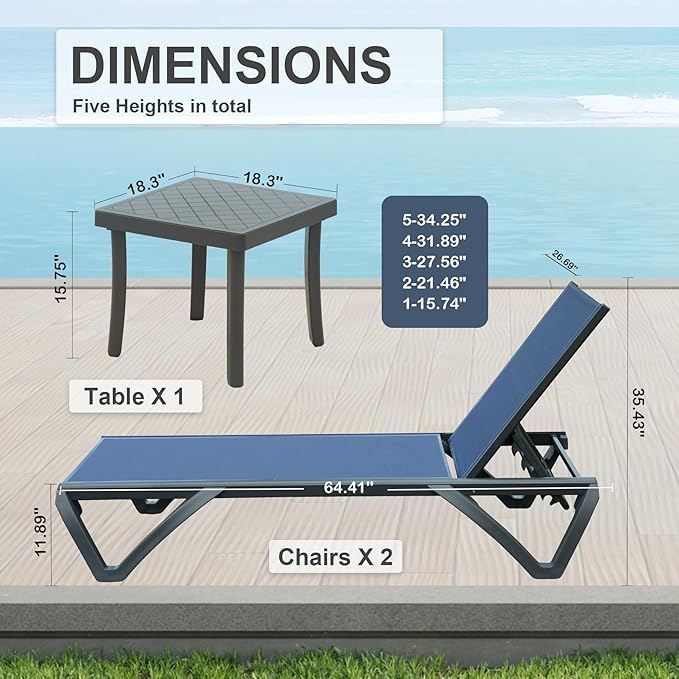 Domi Pool Lounge Chairs Set of 3, Aluminum Chaise Lounge Outdoor with Side Table - Photo 2
