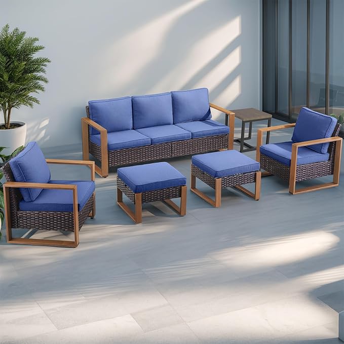 Rilyson Outdoor Wicker Patio Furniture Set - 4 Piece Patio Conversation Set with 2 Wicker Armrest Chairs,2 Rattan Ottoman, Sturdy Frame, Thick Cushions, Deep Seating(Brown/Blue)