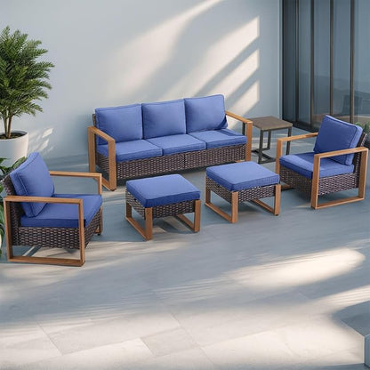 Rilyson Outdoor Wicker Patio Furniture Set - 5 Piece Patio Conversation Set with 2 Wicker Armrest Chairs,2 Rattan Ottoman, 1 Side Table, Sturdy Frame, Thick Cushions, Deep Seating(Brown/Blue)