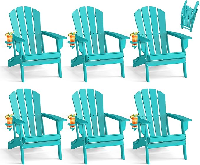 BRIOPAWS Folding-Adirondack-Chairs Set of 6 | HDPE Plastic | Fire Pit Chair | Cup Holder | Curved Back | All Weather | for Outdoor Backyard Deck Patio | Aqua