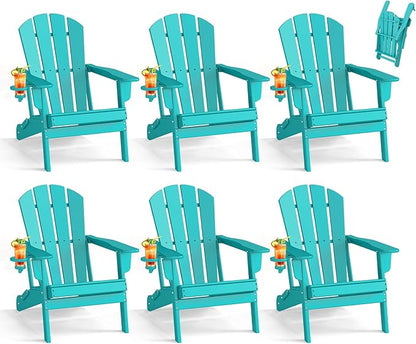 BRIOPAWS Folding-Adirondack-Chairs Set of 6 | HDPE Plastic | Fire Pit Chair | Cup Holder | Curved Back | All Weather | for Outdoor Backyard Deck Patio | Aqua