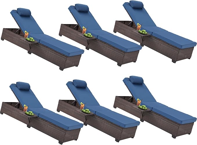 HOMREST PE Wicker Chaise Lounge Chairs Set of 6,Adjustable 5 Position Outside Rattanr Patio Pool Chair with Headrest,Cushion and Storage Rack for Poolside Backyard Porch,Khaki (Blue)