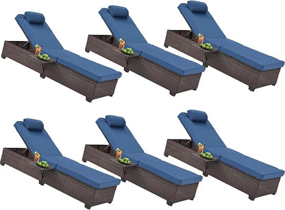 HOMREST PE Wicker Chaise Lounge Chairs Set of 6,Adjustable 5 Position Outside Rattanr Patio Pool Chair with Headrest,Cushion and Storage Rack for Poolside Backyard Porch,Khaki (Blue)