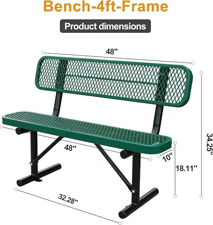 4 ft Outdoor Park Bench – Heavy-Duty Steel Frame & Rust-Resistant Thermoplastic Coating, Suitable for Gardens, Courtyards, Campuses, Commercial Spaces (Green, 4ft)