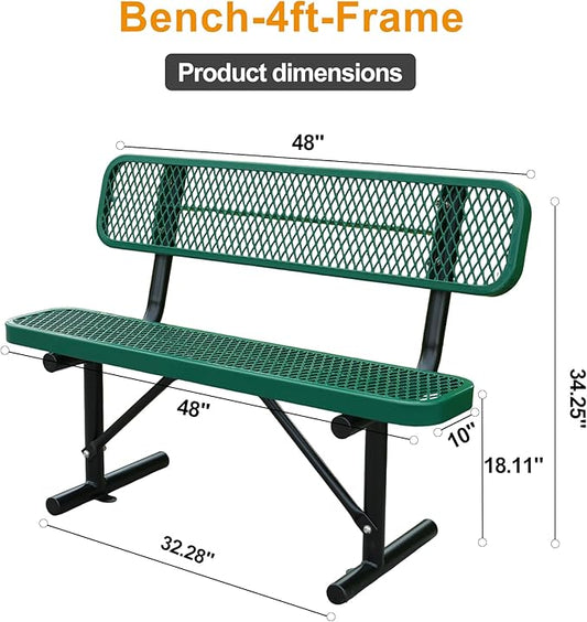 4 ft Outdoor Park Bench – Heavy-Duty Steel Frame & Rust-Resistant Thermoplastic Coating, Suitable for Gardens, Courtyards, Campuses, Commercial Spaces (Green, 4ft)