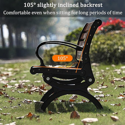 Outdoor garden benches Metal garden bench 2-3 Person Seat Loveseat Chairs Patio Bench Chair with Backrest 120/150/180cm Solid wood slatted seat and galvanized frame 300kg Weight Capacity(Orange