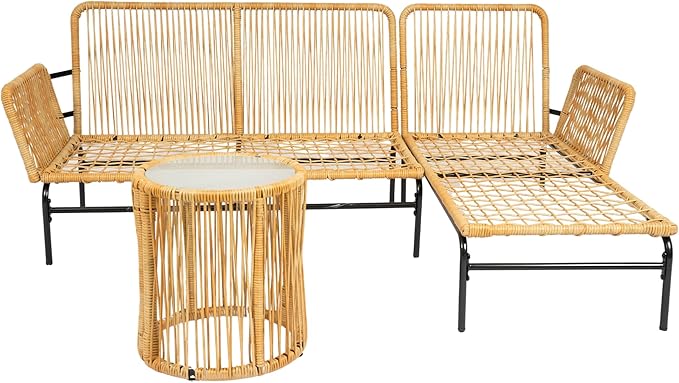 Quarte 3 Pieces Outdoor Patio Wicker Furniture Sets,L-Shaped Seating Group Conversation Sofa Sets with Table for Porch Lawn Garden Backyard Poolside