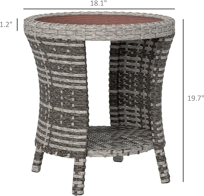Outsunny 18" Outdoor Wicker Coffee Table, 2-Tier Patio Side Table with Storage, PE Rattan Outdoor Coffee Table with Composite Wood Top, Steel Frame for Garden Backyard Balcony, Mixed Gray