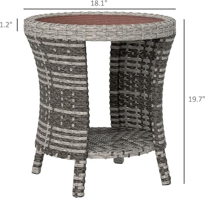 Outsunny 18" Outdoor Wicker Coffee Table, 2-Tier Patio Side Table with Storage, PE Rattan Outdoor Coffee Table with Composite Wood Top, Steel Frame for Garden Backyard Balcony, Mixed Gray