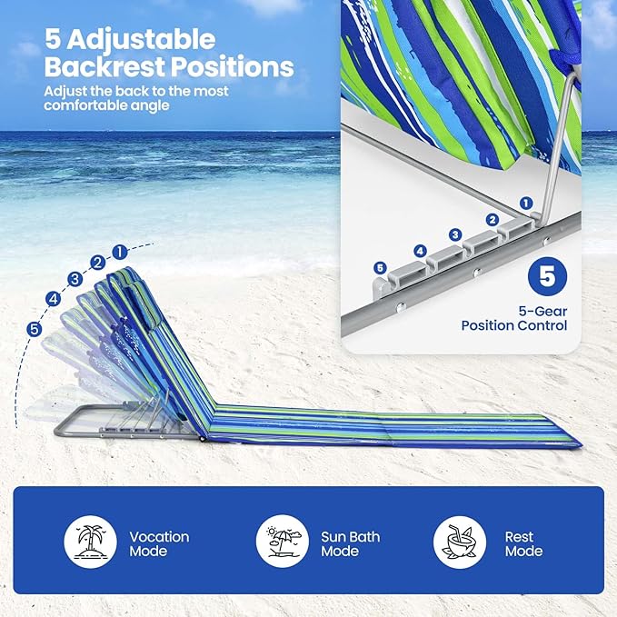 Giantex Beach Chairs for Adults 2 Pack Set with Side Table, 5 Position Adjustable Folding Lawn Chair for Sunbathing, Patio Chaise Lounge Lightweight Backpack Camping Chairs (Stripe)