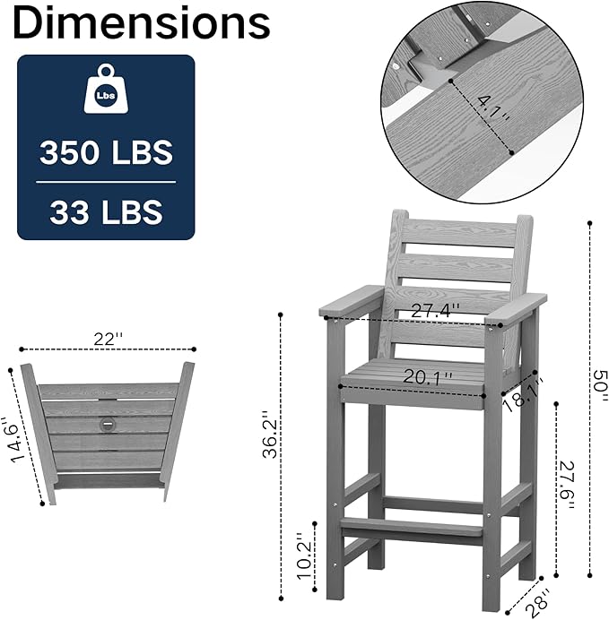 GLANC Tall Adirondack Chairs Set of 2, All Weather Resistant HDPE Bar Height Balcony Adirondack Chair with Removable Connecting Trays, Outdoor Adirondack Barstools for Deck Patio Pool Lawn (Grey)