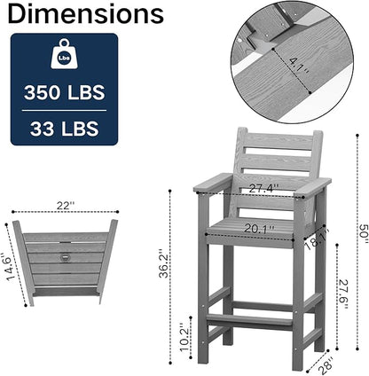GLANC Tall Adirondack Chairs Set of 2, All Weather Resistant HDPE Bar Height Balcony Adirondack Chair with Removable Connecting Trays, Outdoor Adirondack Barstools for Deck Patio Pool Lawn (Grey)