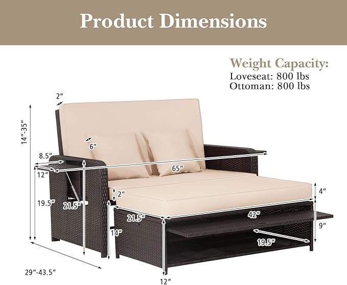 COSTWAY Patio Rattan Daybed with Cushions, Outdoor Wicker Loveseat Sofa with Storage Ottoman - Photo 3