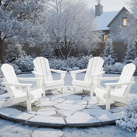 Folding Outdoor Adirondack Chairs Set of 4 with High&Reclining Back-HDPE Weather Resistant Patio Chairs with Cup and Phone Holder for Patio,Fire Pit, Garden and Backyard