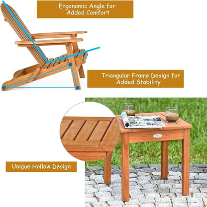 Giantex Adirondack Chair Set 3-Piece Foldable Wooden Chairs Set W/Widened Armrest, Eucalyptus Frame and Side Table Outdoor & Indoor Table Set for Patio Poolside Garden, Set of 3 Wooden Lounger Chair