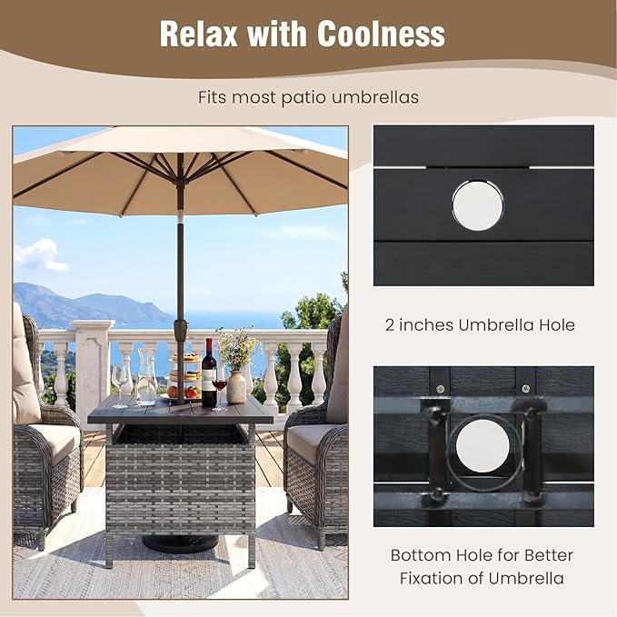 Tangkula Outdoor Wicker Table, Rattan Coffee Table with Umbrella Insert Hole, HDPE Tabletop & Sturdy Metal Frame, Patio Umbrella Side Table Stand for Backyard, Garden, Poolside (Mix Grey)