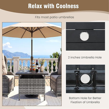 Tangkula Outdoor Wicker Table, Rattan Coffee Table with Umbrella Insert Hole, HDPE Tabletop & Sturdy Metal Frame, Patio Umbrella Side Table Stand for Backyard, Garden, Poolside (Mix Grey)
