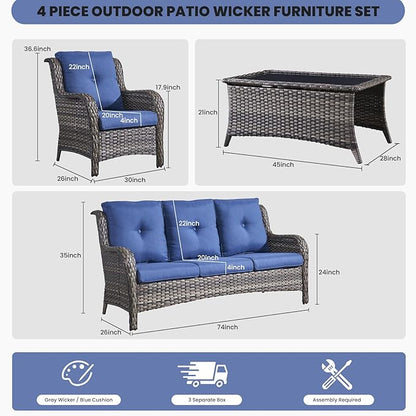 Belord Patio Wicker Furniture 4 Pieces Outdoor Furniture Set Patio Sofa Set with Wicker Chairs and Coffee Table, Paito Conversation Set for Porch Garden Deck Balcony Poolside
