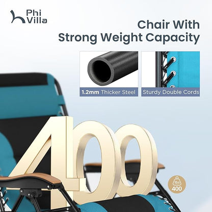 PHI VILLA XXL Oversized Padded Zero Gravity Chair, Foldable Patio Recliner, 30" Wide Seat Anti Gravity Lounger with Cup Holder, Support 400 LBS (Aqua)