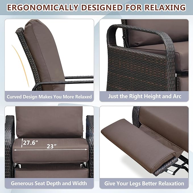 ATR ART TO REAL Outdoor Recliner, Set of 2 Wicker Reclining Chair with Coffee End Side Table, Aluminum Frame Patio Chaise Lounge Chairs with Thicken Cushions (Dark Brown)