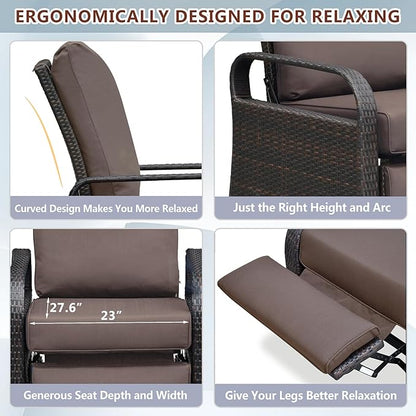 ATR ART TO REAL Outdoor Recliner, Set of 2 Wicker Reclining Chair with Coffee End Side Table, Aluminum Frame Patio Chaise Lounge Chairs with Thicken Cushions (Dark Brown)