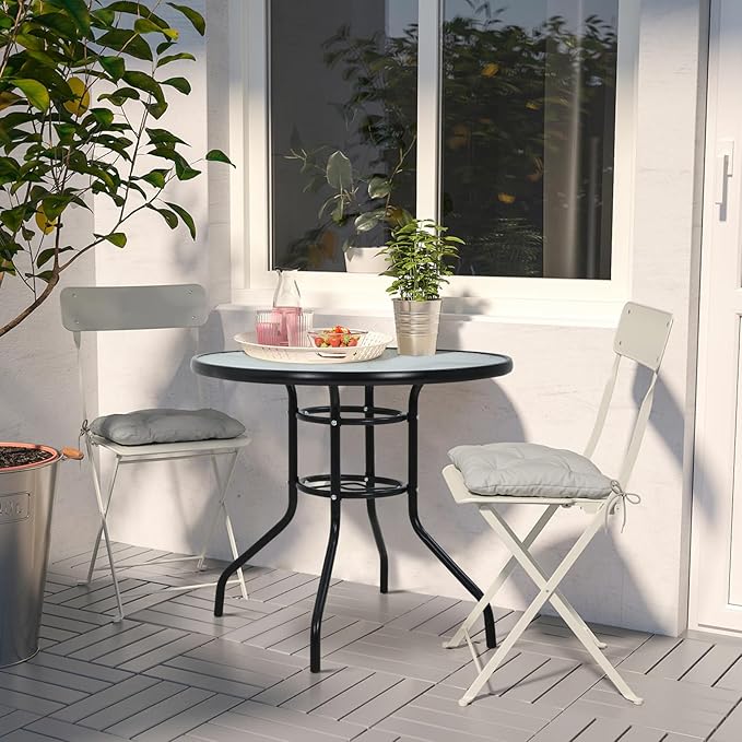32" Round Outdoor Dining Table - Tempered Glass Top with Umbrella Hole, Weather-Resistant Metal Patio Table for Backyard, Poolside, Balcony, Garden - Black