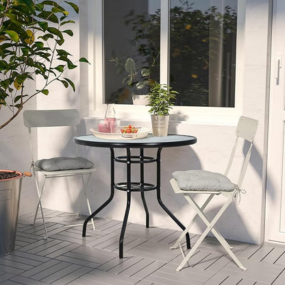 32" Round Outdoor Dining Table - Tempered Glass Top with Umbrella Hole, Weather-Resistant Metal Patio Table for Backyard, Poolside, Balcony, Garden - Black