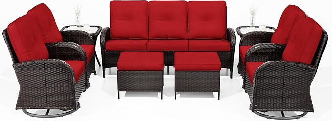 Joyside Wicker Patio Furniture Set, 9 Piece Outdoor Furniture Set with Thickened Cushions, High Back, Deep Seating, Wide Armrest, Outdoor Swivel Rocker Chairs for Porch, Deck