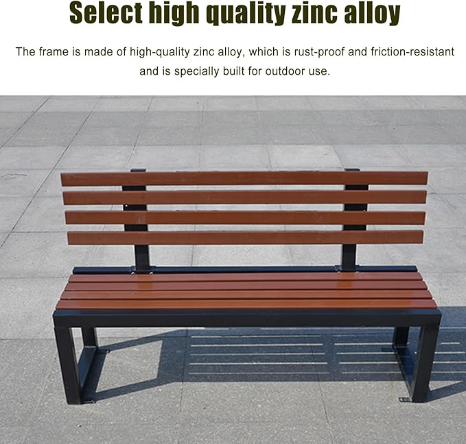 39.3in/47.2in/59 in Outdoor Garden Bench Patio Park Bench, 2-3 Person Porch Benches Solid Wood Slat Leisure Seats, Zinc Alloy Frame Metal Bench with backrest, for Lawn Porch Backyard Furniture