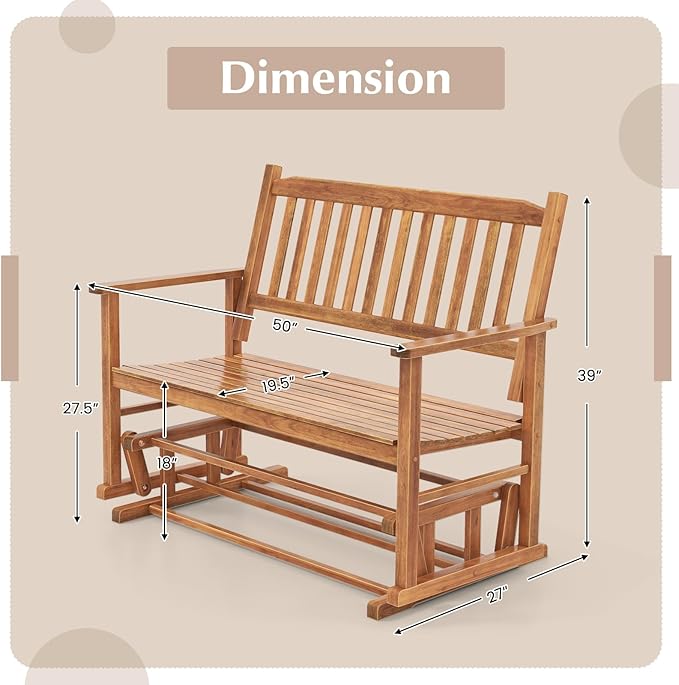 Tangkula 2 Person Outdoor Glider Bench, Poplar Wood Patio Swing Glider Loveseat with Armrests, Slatted Seat & Backrest - Photo 3
