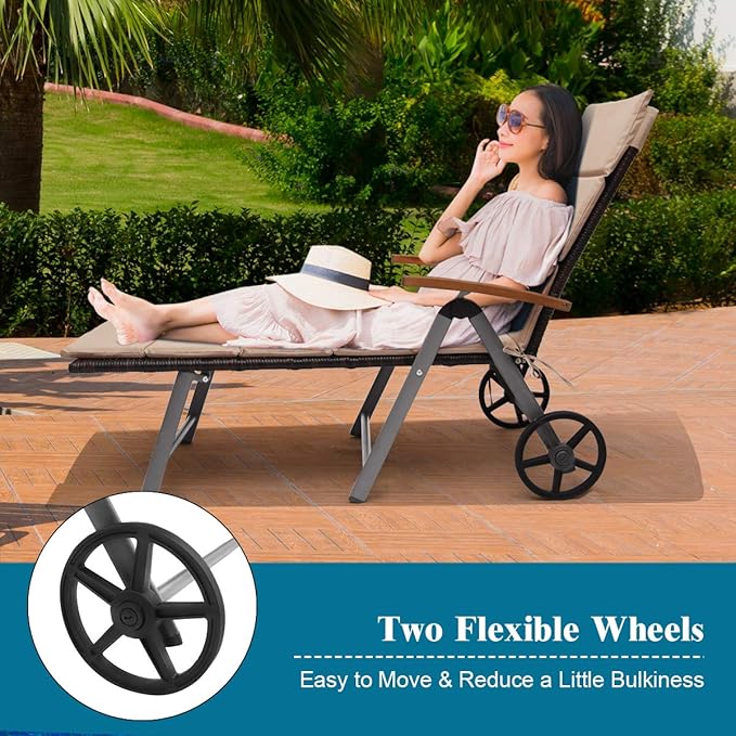 COSTWAY Folding Rattan Lounge with Wheels, Aluminum Patio Lounger with 7 Adjustable Positions, Soft Cushion - Photo 5