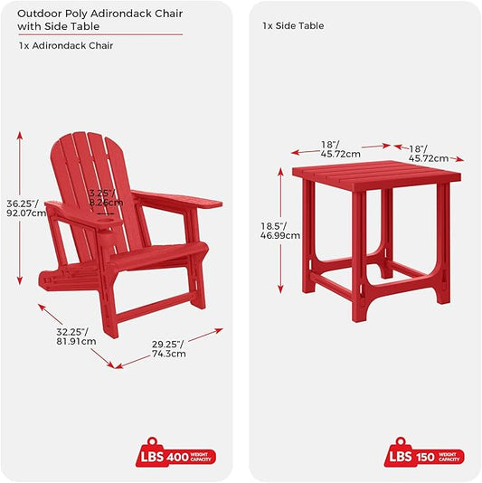 Costaelm Cayman 2-Piece HDPE Plastic Adirondack Patio Chair Set with 18" Side Table, Red
