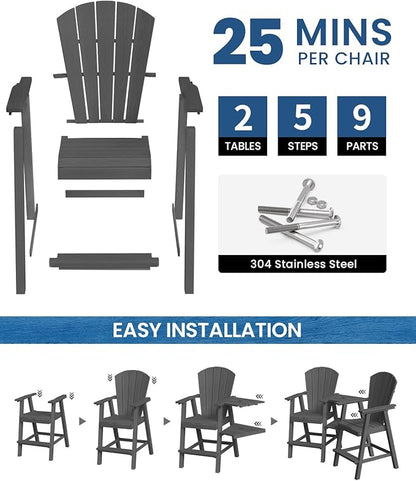 Ciokea Tall Adirondack Chairs Set of 4, HDPE Outdoor Adirondack Bar Stools with Double Connecting Tray, Weather Resistant High Back Adirondack Balcony Chairs for Deck, Lawn, Pool, Backyard, Dark Gray