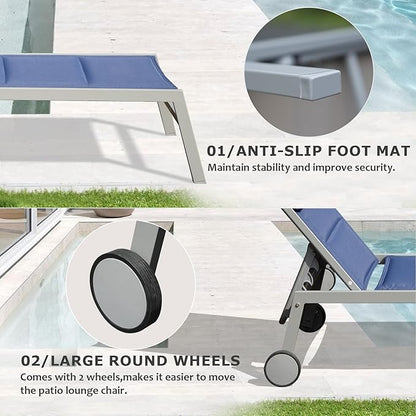 Domi Outdoor Patio Chaise Lounge Set of 3, Aluminum Pool Lounge Chairs with Side Table and Wheels, Textilene Padded Adjustable Recliner All Weather for Poolside, Beach, Yard, Balcony (Navy Blue)