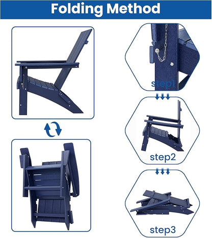 Folding Adirondack Chair with Ottoman Weather Resistant Foldable Fire Pit Chairs with Footrest HDPE Outdoor Adirondack Chair for Patio Front Porch Pool Garden Deck Fire Pit Outside, Navy Blue