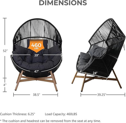 Grand patio Outdoor & Indoor Egg Chair 2PC, PE Wicker Open Weave Wood Grain Finish Oversized Egg Cocoon Chairs with Stand Lounge Chair Comfortable for Front Porch, Living Room, Bedroom (Dark Grey 2PC)