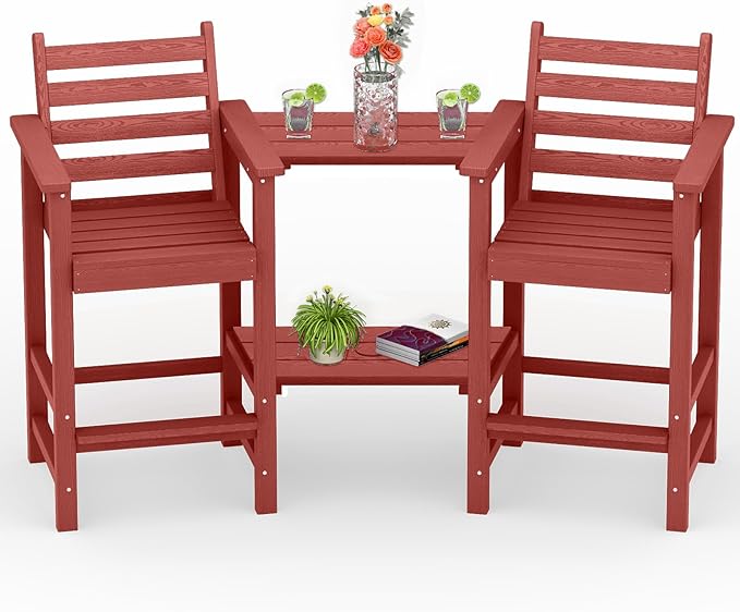 PLUUV Tall Adirondack Chairs Set of 2, All Weather HDPE Poly Bar Height Balcony Adirondack Chair with Removable Double Connecting Trays, Outdoor Adirondack Barstools for Deck, Patio, Yard, Pool, Lawn
