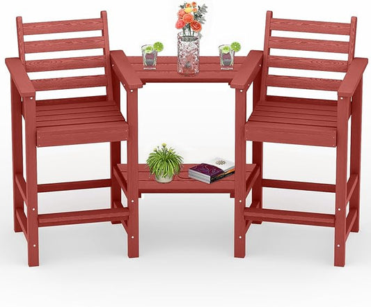 PLUUV Tall Adirondack Chairs Set of 2, All Weather HDPE Poly Bar Height Balcony Adirondack Chair with Removable Double Connecting Trays, Outdoor Adirondack Barstools for Deck, Patio, Yard, Pool, Lawn