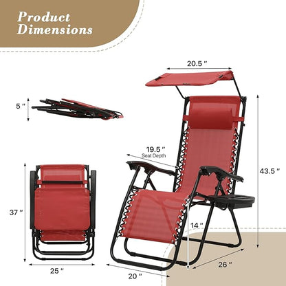 Athena Collection Zero Gravity Outdoor Lounge Chair Set of 2 with Canopy Shade, 25" Width Pool Lounge Lawn Chairs Reclining with Cup Holder, Outdoor Chaise for Beach Patio Outside, Dark Red