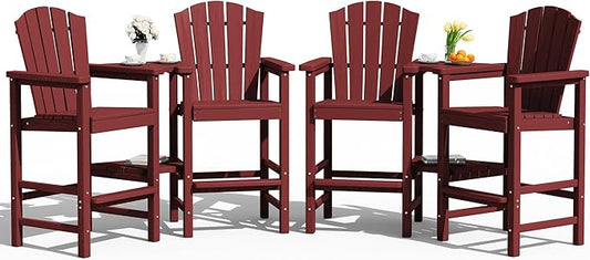 KINGYES Tall Adirondack Chair Set of 4, HDPE Tall Adirondack Barstools with Double Connecting Trays, Embossed Bar Height Adirondack Chair for 2, All Weather Resistant Balcony Adirondack Chairs, Red