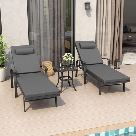 ALAULM Aluminum Pool Lounge Chair Set 3 Pieces,Outdoor Chaise Lounge with Adjustable 6 Position Backrest &Side Table Sunbathing Recliners for Poolside Beach,Black