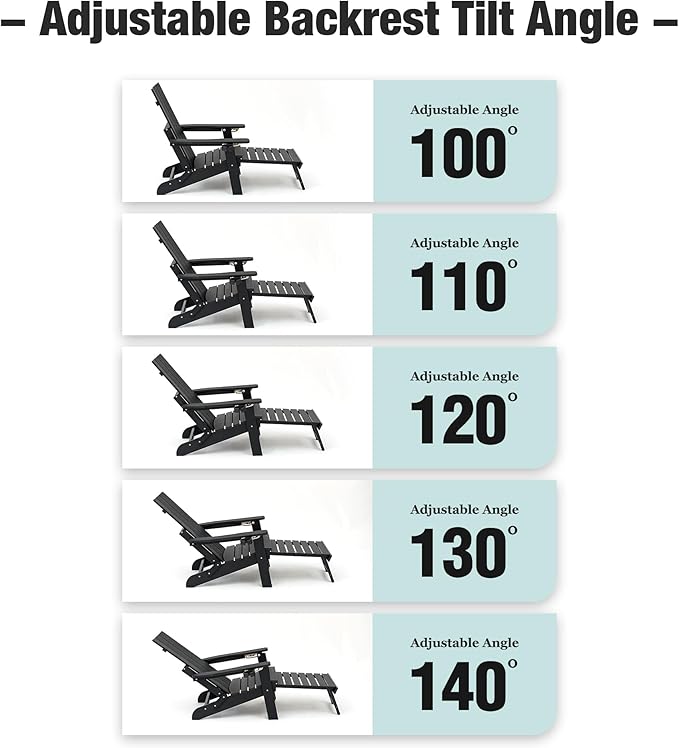 Mega Casa Poly Lumber Adirondack Chair with Cup Holders, Ottoman and Cushion, Adjustable Backrest, All-Weather Resistant HIPS Material, Wood-Like Pattern, Heavy Duty 700 LBS (Iron Black)