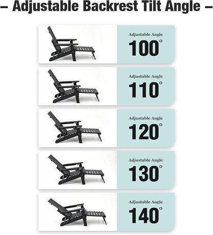 Mega Casa Poly Lumber Adirondack Chair with Cup Holders, Ottoman and Cushion, Adjustable Backrest, All-Weather Resistant HIPS Material, Wood-Like Pattern, Heavy Duty 700 LBS (Iron Black)