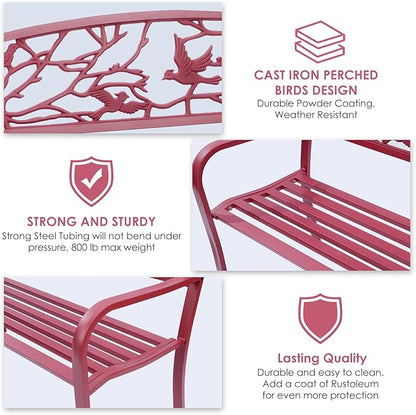 Perched Birds Metal Park Patio Bench, Outdoor Bench in Red for Porch, Lawn, Garden, Deck by Sun-Ray