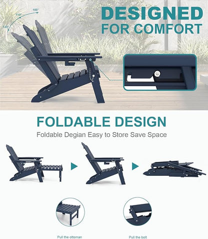 FOOWIN Adjustable Adirondack Chair with Retractable Ottoman, Folding Adirondack Chair with Cup Holder, HDPE All-Weather Fire Pit Chair for Patio, Yard, Poolside, Navy Blue
