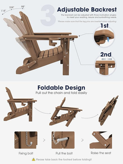 KINGYES Folding Adjustable Adirondack Chair with Ottoman & 2 Cup Holders, HDPE Recliner Adirondack Chair with Footrest, Brown