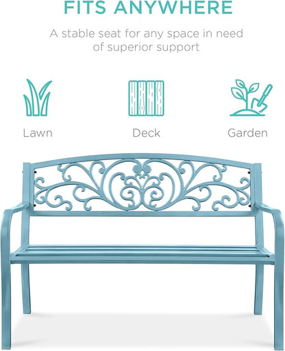 Best Choice Products Outdoor Bench Steel Garden Patio Porch Furniture for Lawn, Park, Deck w/Floral Design Backrest, Slatted Seat - Sky Blue