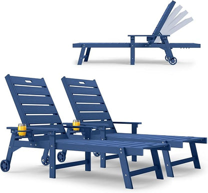 YEFU Lounge Chair Outdoor Set of 2: Outdoor Chaise Lounge with 5-Level Adjustable Backrest, Cup Holders & Wheels, All-Weather Resistance Chaise Lounge for Outside/Patio/Beach/Deck, Navy Blue